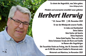 Traueranzeige von Herbert Herwig von Südthüringer Presse
