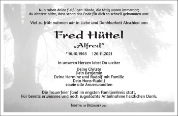 Traueranzeige von Fred Hüttel von Frankenpost
