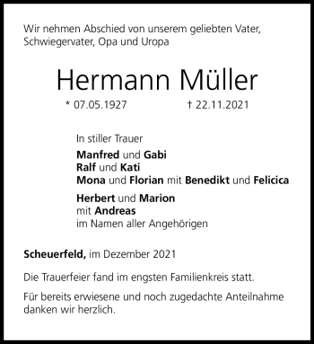 Traueranzeige von Hermann Müller von Neue Presse Coburg
