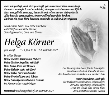 Traueranzeige von Helga Körner von Südthüringer Presse