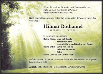 Traueranzeige von Hilmar Rothamel von Südthüringer Presse