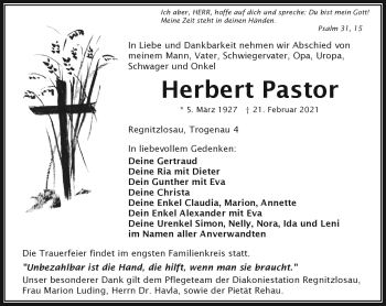 Traueranzeige von Herbert Pastor von Frankenpost