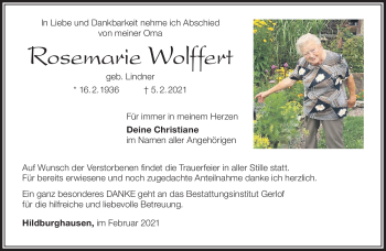 Traueranzeige von Rosemarie Wolffert von Südthüringer Presse