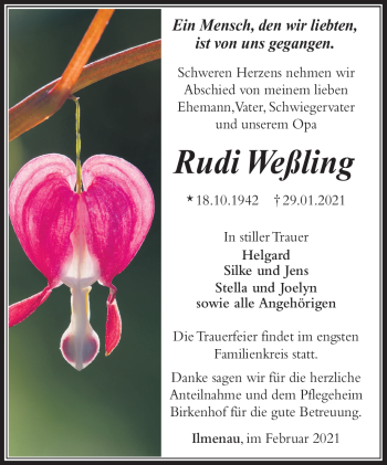 Traueranzeige von Rudi Weßling von Südthüringer Presse