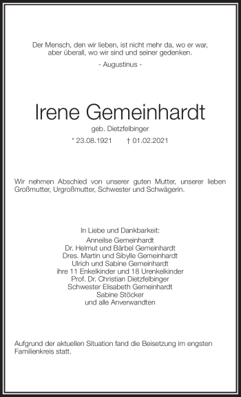Traueranzeige von Irene Gemeinhardt von Frankenpost