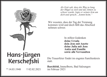Traueranzeige von Hans-Jürgen Kerschfski von Südthüringer Presse