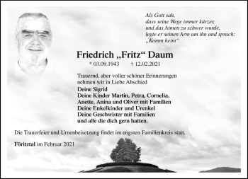 Traueranzeige von Friedrich Daum von Neue Presse Coburg