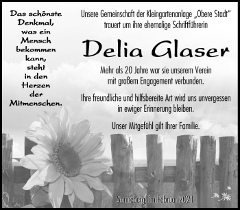 Traueranzeige von Delia Glaser von Südthüringer Presse