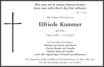 Traueranzeige von Elfriede Kummer von Frankenpost