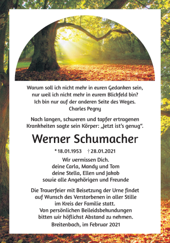 Traueranzeige von Werner Schumacher von Südthüringer Presse