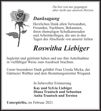 Traueranzeige von Roswitha Liebiger von Südthüringer Presse