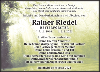 Traueranzeige von Rainer Riedel von Südthüringer Presse