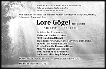 Traueranzeige von Lore Gögel von Südthüringer Presse