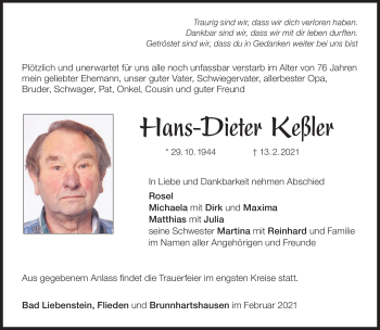 Traueranzeige von Hans-Dieter Keßler von Südthüringer Presse