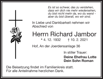 Traueranzeige von Richard Jambor von Frankenpost