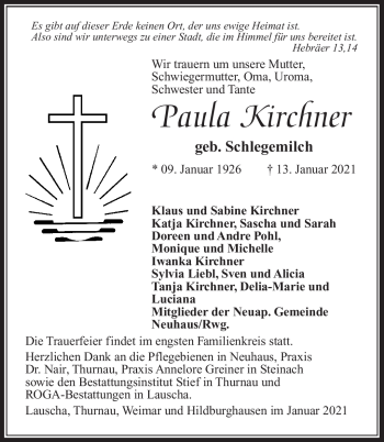 Traueranzeige von Paula Kirchner von Südthüringer Presse