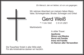 Traueranzeige von Gerd Weiß von Frankenpost