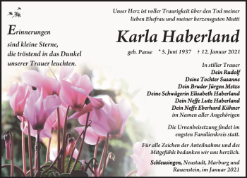 Traueranzeige von Karla Haberland von Südthüringer Presse