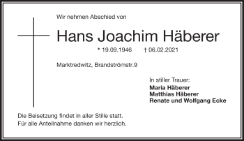 Traueranzeige von Hans Joachim Häberer von Frankenpost