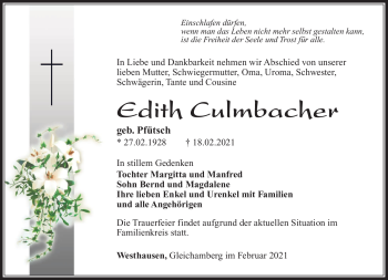 Traueranzeige von Edith Culmbacher von Südthüringer Presse