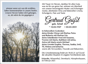 Traueranzeige von Gertrud Größl von Südthüringer Presse