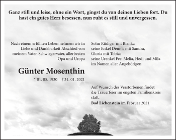 Traueranzeige von Günter Mosenthin von Südthüringer Presse