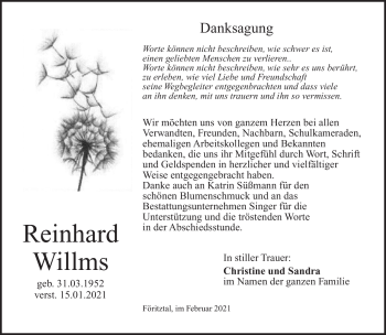 Traueranzeige von Reinhard Willms von Südthüringer Presse
