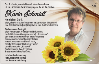 Traueranzeige von Karin Schmidt von Südthüringer Presse