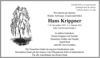 Traueranzeige von Hans Krippner von Frankenpost