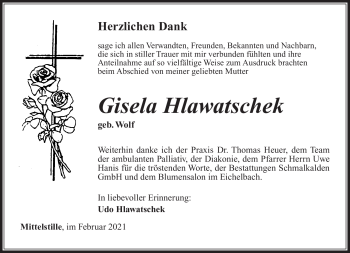 Traueranzeige von Gisela Hlawatschek von Südthüringer Presse