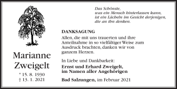 Traueranzeige von Marianne Zweigelt von Südthüringer Presse