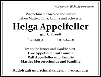 Traueranzeige von Helga Appelfeller von Südthüringer Presse