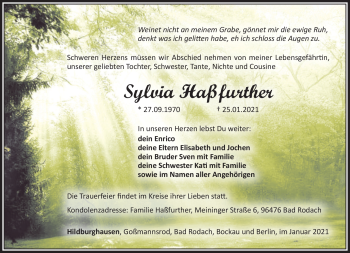 Traueranzeige von Sylvia Haßfuther von Südthüringer Presse