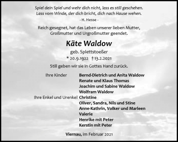 Traueranzeige von Käte Waldow von Südthüringer Presse