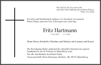 Traueranzeige von Fritz Hartmann von Frankenpost