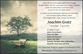 Traueranzeige von Joachim Gratz von Südthüringer Presse