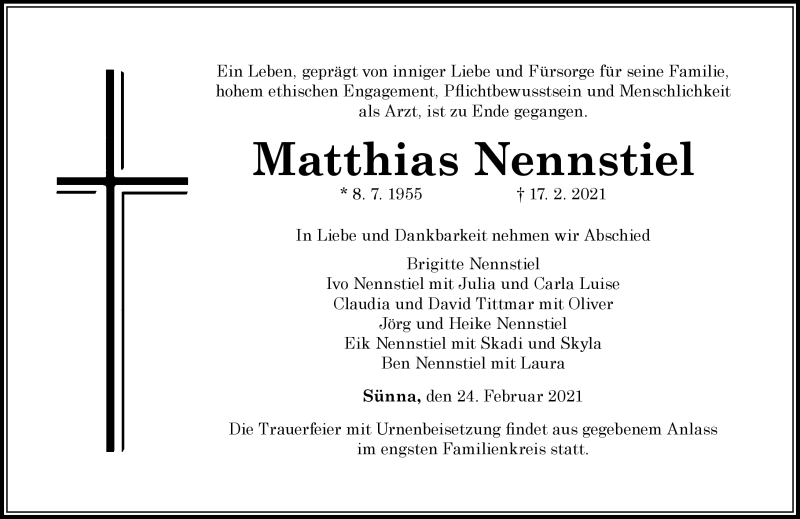  Traueranzeige für Matthias Nennstiel vom 24.02.2021 aus Südthüringer Presse