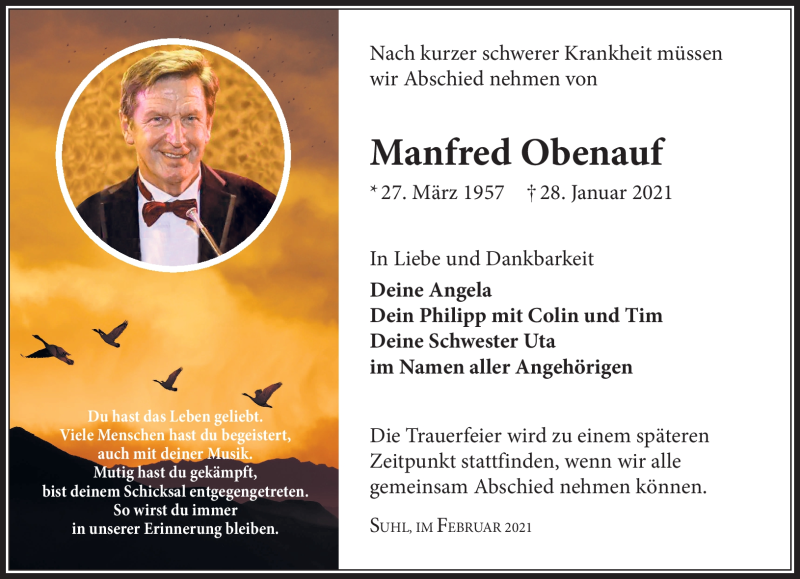  Traueranzeige für Manfred Obenauf vom 06.02.2021 aus Südthüringer Presse