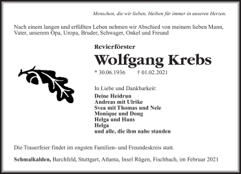 Traueranzeige von Wolfgang Krebs von Südthüringer Presse