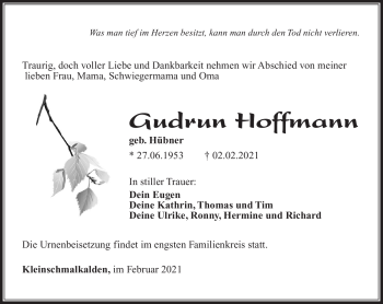 Traueranzeige von Gudrun Hoffmann von Südthüringer Presse