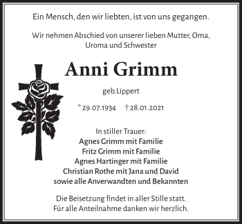 Traueranzeige von Anni Grimm von Frankenpost