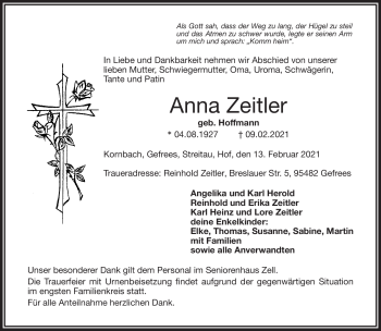 Traueranzeige von Anna Zeitler von Frankenpost