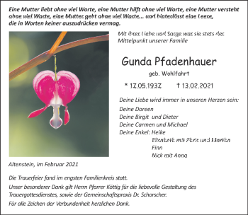 Traueranzeige von Gunda Pfadenhauer von Neue Presse Coburg