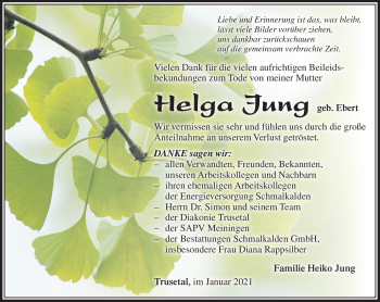 Traueranzeige von Helga Jung von Südthüringer Presse