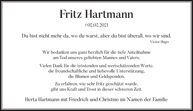  Traueranzeige für Fritz Hartmann vom 27.02.2021 aus Frankenpost