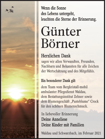 Traueranzeige von Günter Börner von Südthüringer Presse