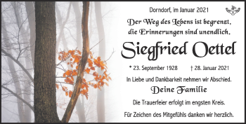 Traueranzeige von Siegfried Oettel von Südthüringer Presse