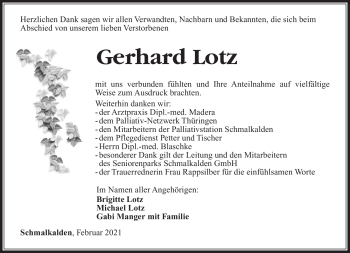 Traueranzeige von Gerhard Lotz von Südthüringer Presse