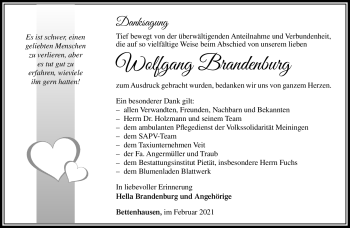 Traueranzeige von Wolfgang Brandenburg von Südthüringer Presse