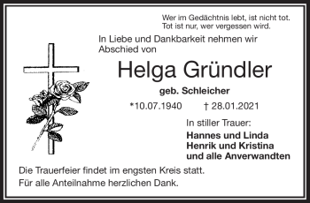 Traueranzeige von Helga Gründler von Frankenpost